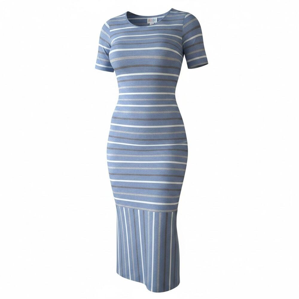 LuLaRoe Julia Dress Blue & Gray  Short Sleeve Form Fitting Midi Womens Size XS